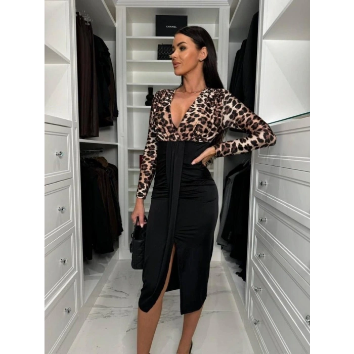 Kadın Dijital Baskılı Full Likralı Kristal örme Kumaş Drape Detaylı Yırtmaç Dekolteli Midi Boy Elbise