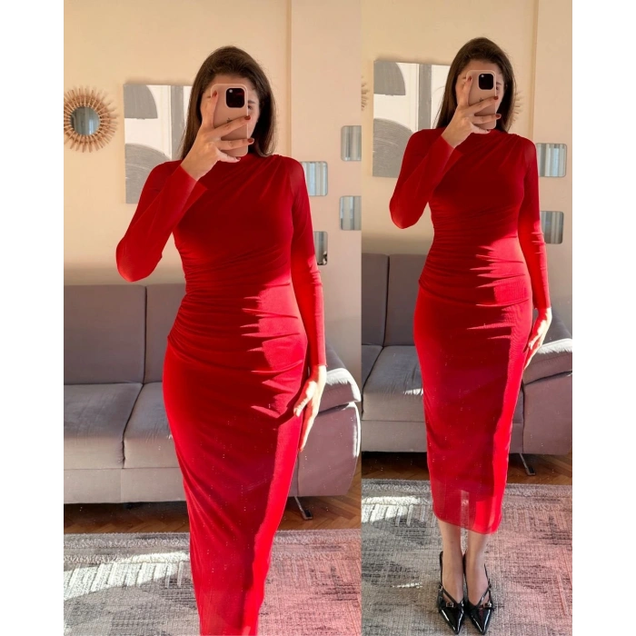 Kadın Drapeli Tül Kumaş Uzun Kollu Midi Boy Elbise