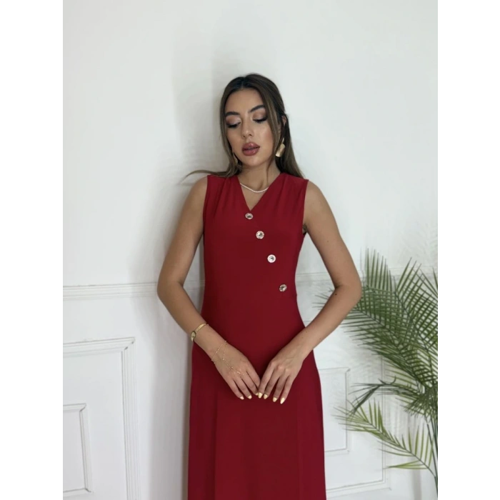 Kadın Düğme Detay Kolsuz Maxi Boy Elbise