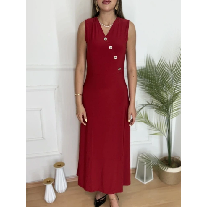 Kadın Düğme Detay Kolsuz Maxi Boy Elbise