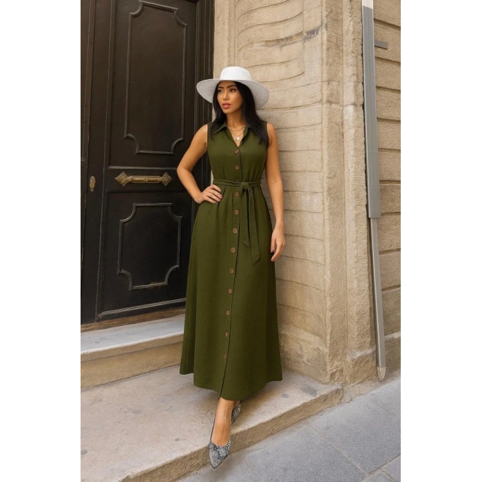 Kadın Düğme Detay Kuşak Dahil Elbise