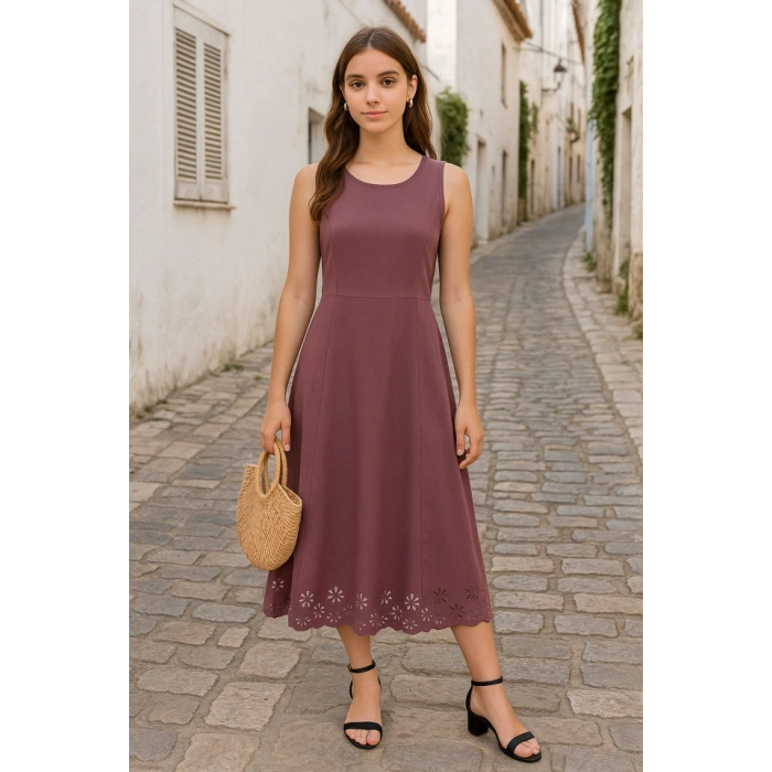 Kadın Etek Ucu Lazer Kesim çiçek Desenli Midi Boy Ithal Krep Elbise