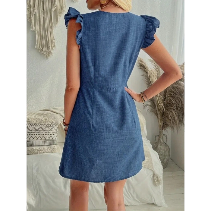 Kadın Fırfır Kollu V Yakalı Düğmeli Keten Elbise