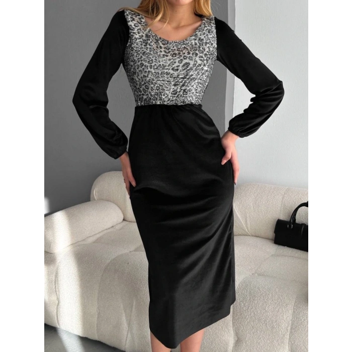 Kadın Fırsat ürünü Leopar Desen Pul Payet Işlemeli Midi Boy Kadife Kumaş Elbise