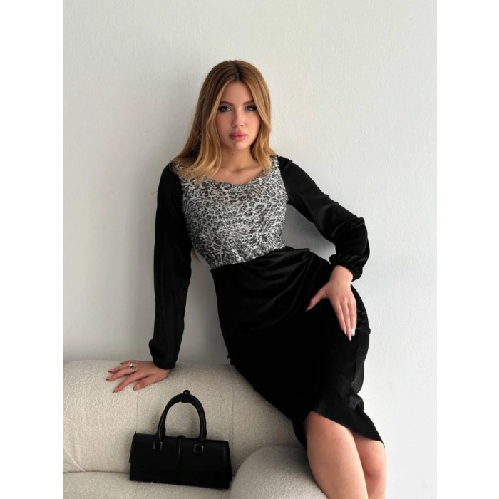 Kadın Fırsat ürünü Leopar Desen Pul Payet Işlemeli Midi Boy Kadife Kumaş Elbise