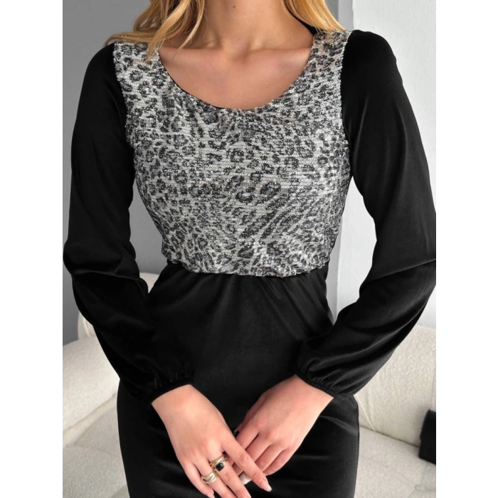 Kadın Fırsat ürünü Leopar Desen Pul Payet Işlemeli Midi Boy Kadife Kumaş Elbise