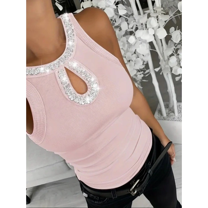 Kadın Halter Kollu Yuvarlak Taşlı Yaka Damla Detaylı Kaşkorse Bluz