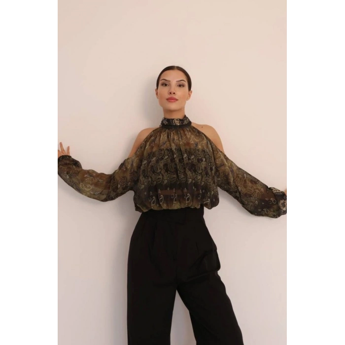 Kadın Halter Yaka Full Transparan Omuz Dekolteli Bluz