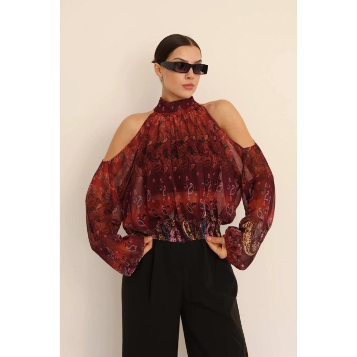 Kadın Halter Yaka Full Transparan Omuz Dekolteli Bluz