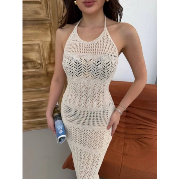 Kadın Halter Yaka Kuş Gözü Teday Full Transparan Maxi Boy Elbise