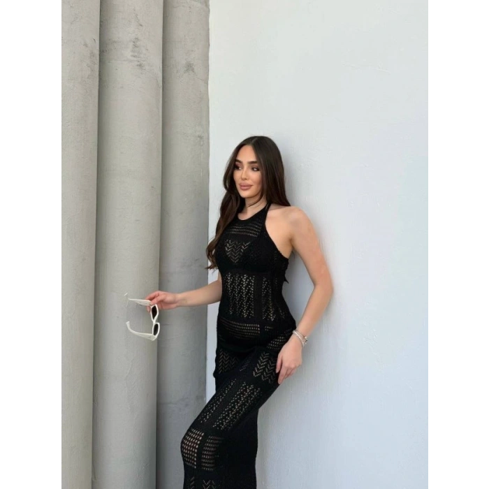 Kadın Halter Yaka Kuş Gözü Teday Full Transparan Maxi Boy Elbise