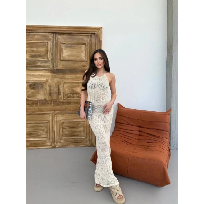 Kadın Halter Yaka Kuş Gözü Teday Full Transparan Maxi Boy Elbise