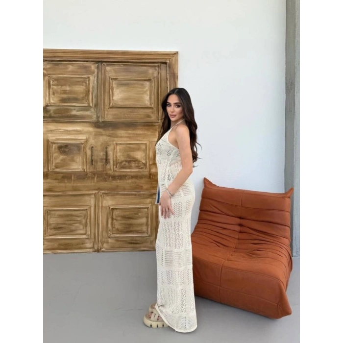 Kadın Halter Yaka Kuş Gözü Teday Full Transparan Maxi Boy Elbise