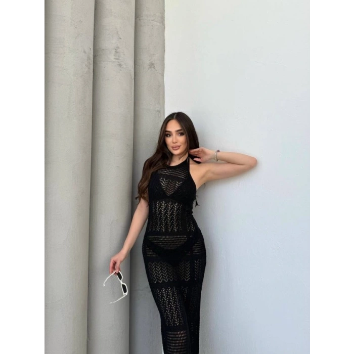 Kadın Halter Yaka Kuş Gözü Teday Full Transparan Maxi Boy Elbise