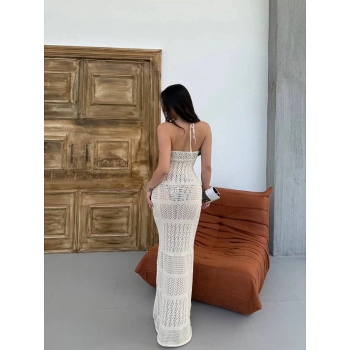 Kadın Halter Yaka Kuş Gözü Teday Full Transparan Maxi Boy Elbise