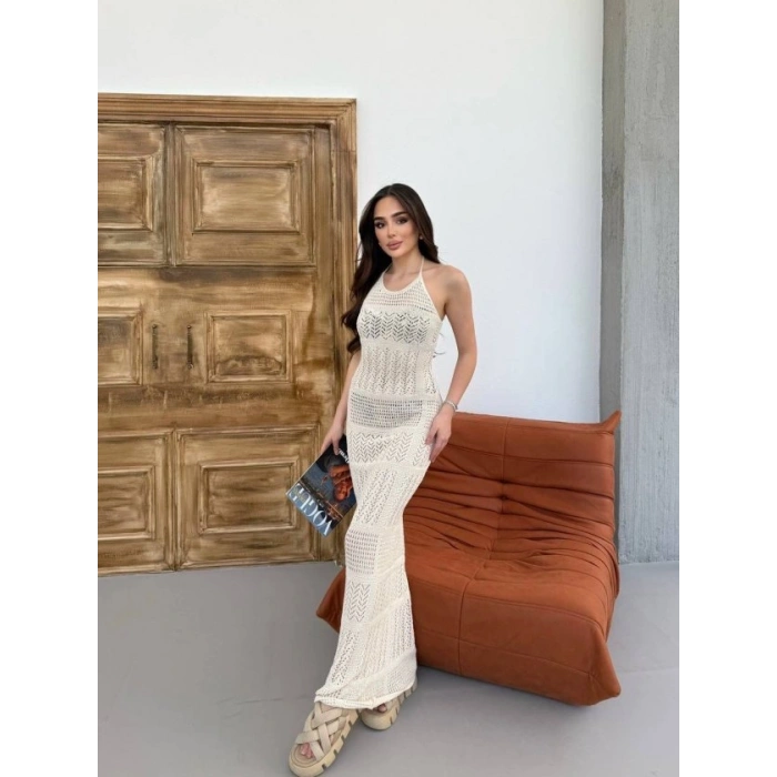 Kadın Halter Yaka Kuş Gözü Teday Full Transparan Maxi Boy Elbise