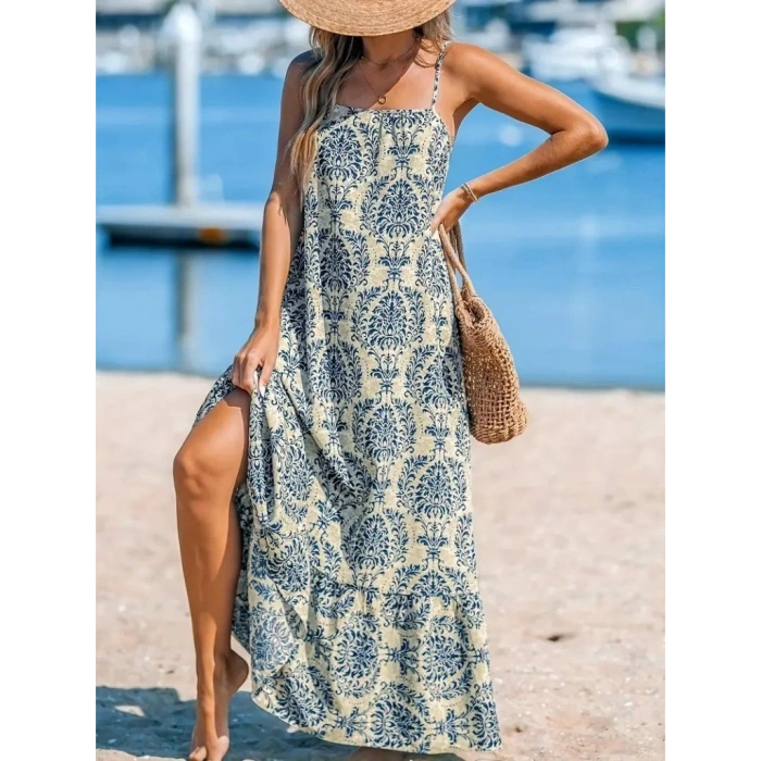 Kadın Ip Askılı Desenli Fırfırlı Süprem Elbise