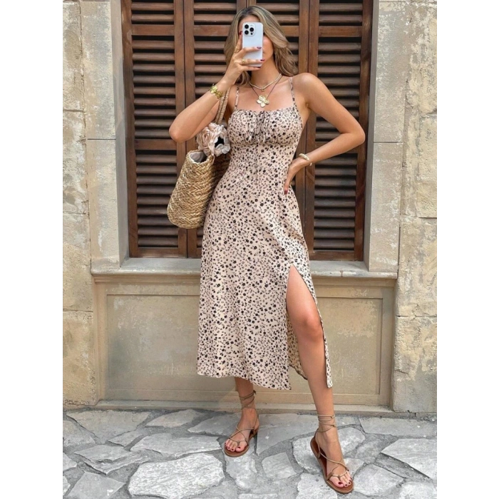 Kadın Ip Askılı Desenli Yırtmaçlı Süprem Midi Elbise