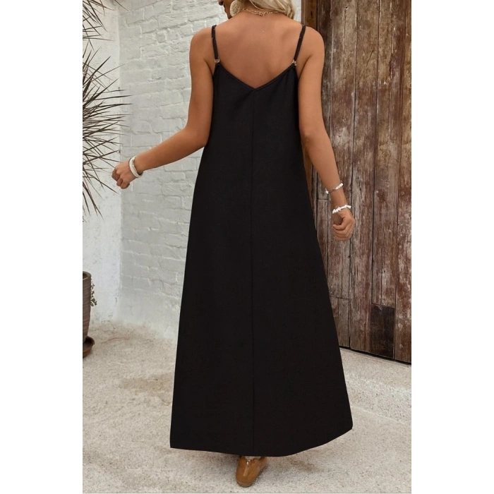 Kadın Ip Askılı Geniş V Yakalı Desenli Süprem Elbise