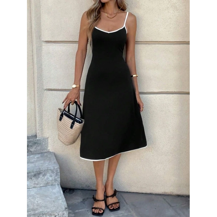 Kadın Ip Askılı Geniş V Yakalı Midi Janjan Krep Elbise