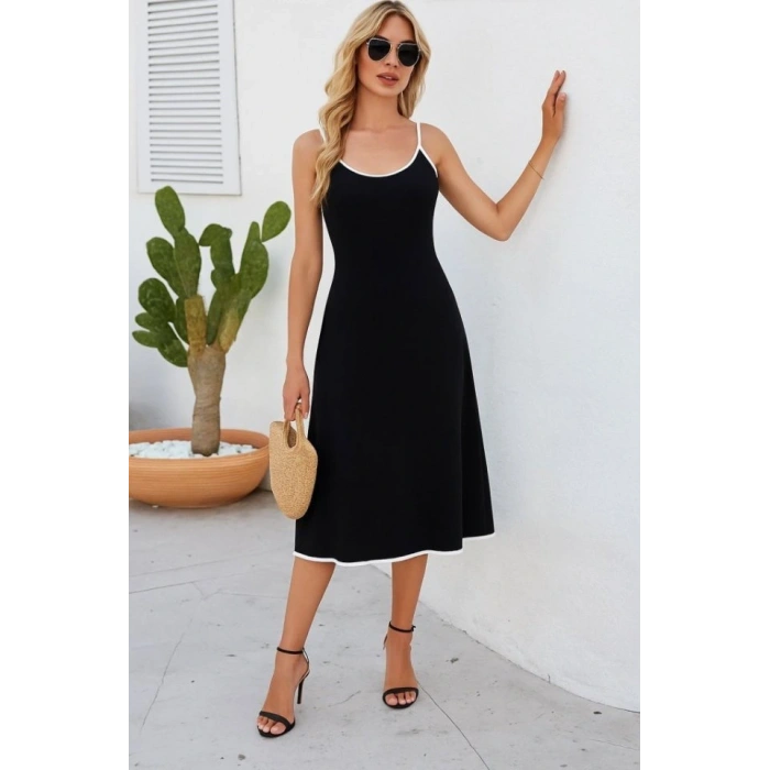 Kadın Ip Askılı Geniş V Yakalı Midi Janjan Krep Elbise