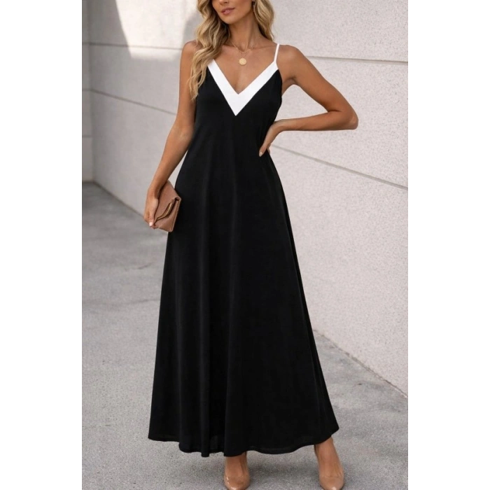 Kadın Ip Askılı Keskin V Yakalı Uzun Viskon Elbise