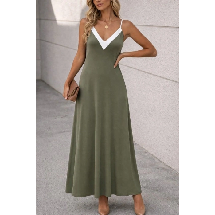Kadın Ip Askılı Keskin V Yakalı Uzun Viskon Elbise