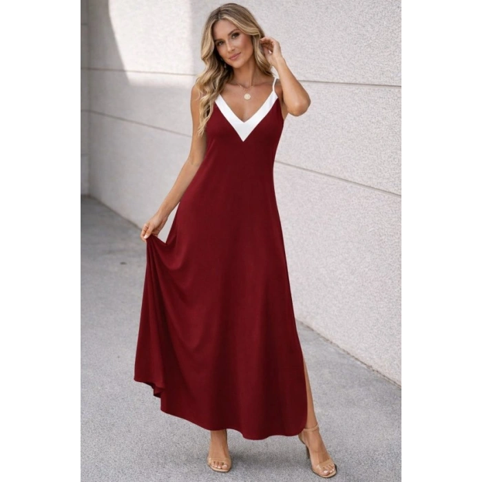 Kadın Ip Askılı Keskin V Yakalı Uzun Viskon Elbise