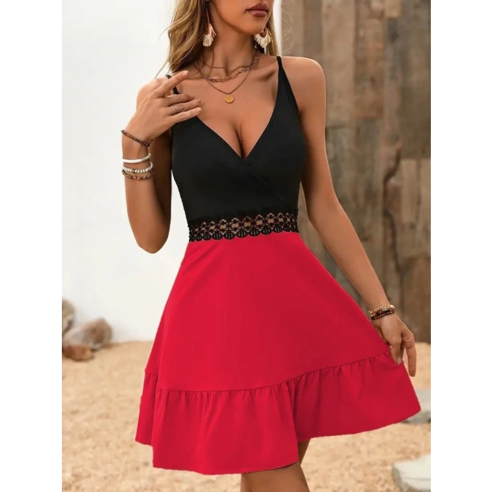 Kadın Ip Askılı Kruvaze Yaka Bel Dantel Ithal Krep Elbise