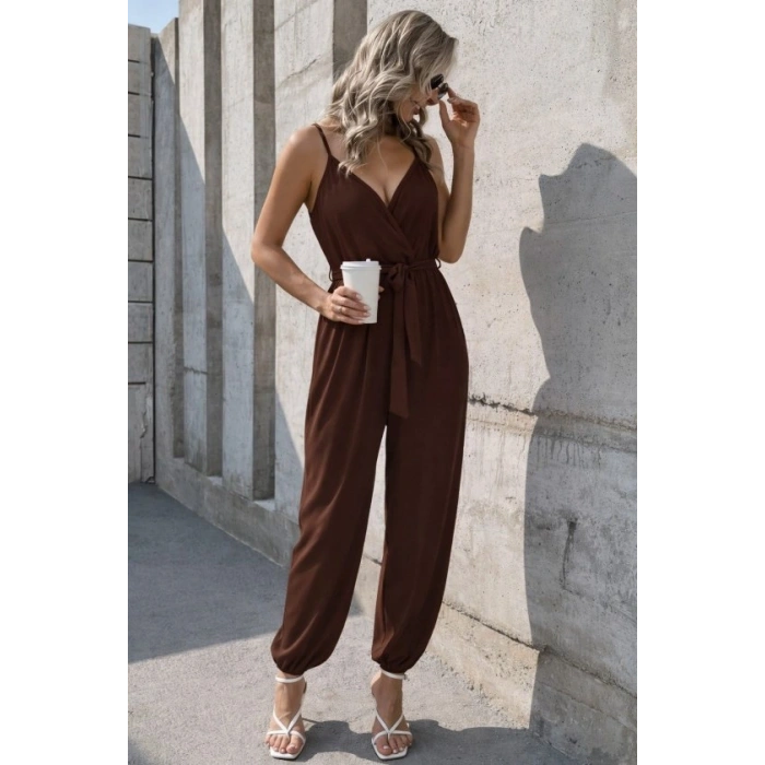 Kadın Ip Askılı Kruvaze Yakalı Belden Kuşaklı Uzun Sandy Tulum