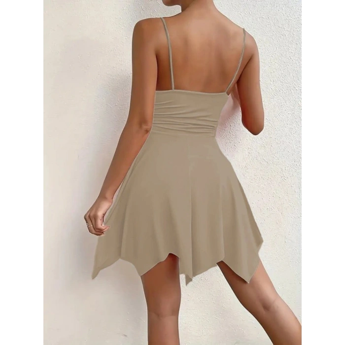 Kadın Ip Askılı V Yakalı Asimetrik Kesim Detaylı Janjan Krep Elbise