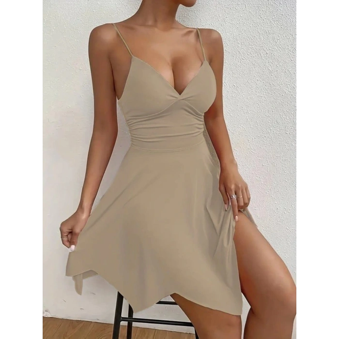 Kadın Ip Askılı V Yakalı Asimetrik Kesim Detaylı Janjan Krep Elbise