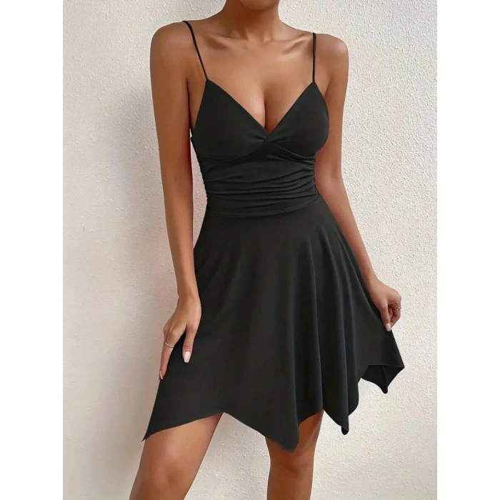 Kadın Ip Askılı V Yakalı Asimetrik Kesim Detaylı Janjan Krep Elbise