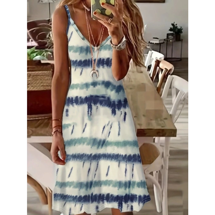 Kadın Ip Askılı V Yakalı Karışık Renkli Süprem Elbise