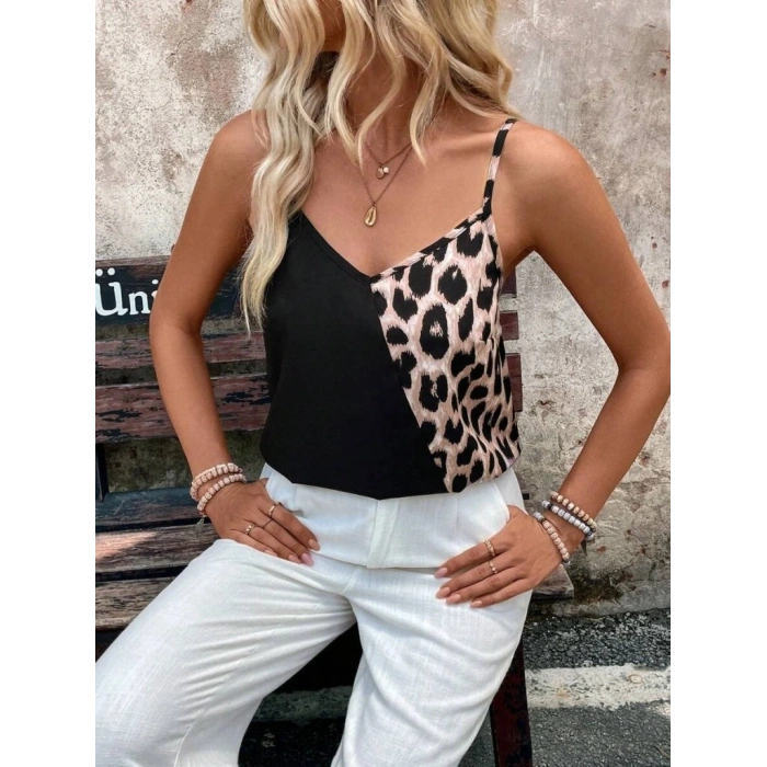 Kadın Ip Askılı V Yakalı Leopar Desenli Viskon Bluz