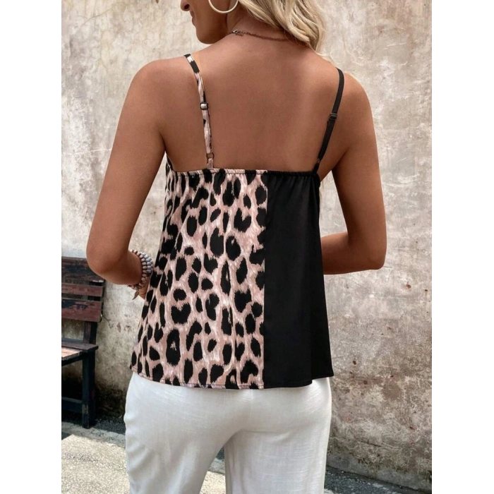 Kadın Ip Askılı V Yakalı Leopar Desenli Viskon Bluz