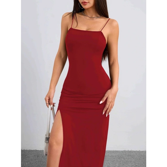 Kadın Ip Askılı Yandan Yırtmaçlı Janjan Krep Elbise