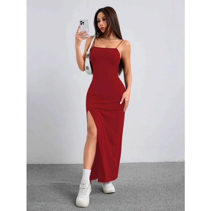 Kadın Ip Askılı Yandan Yırtmaçlı Janjan Krep Elbise