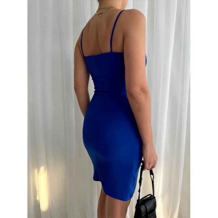 Kadın İp Askılı Yırtmaçlı Büzgülü Elbise