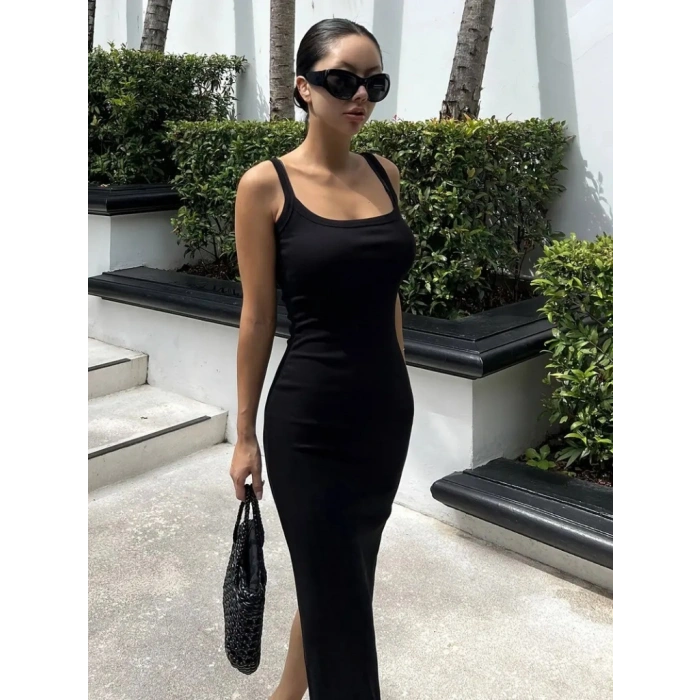 Kadın Ip Askılı Yuvarlak Yakalı Yırtmaçlı Midi Kaşkorse Elbise