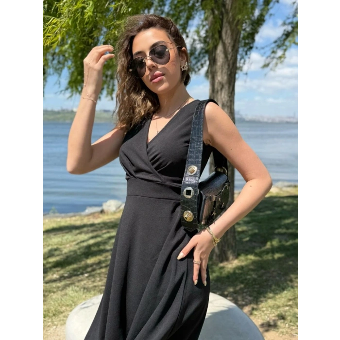 Kadın Ithal Krep Kumaş Kruvaze Yaka Eteği Kloş Kolsuz Mini Elbise