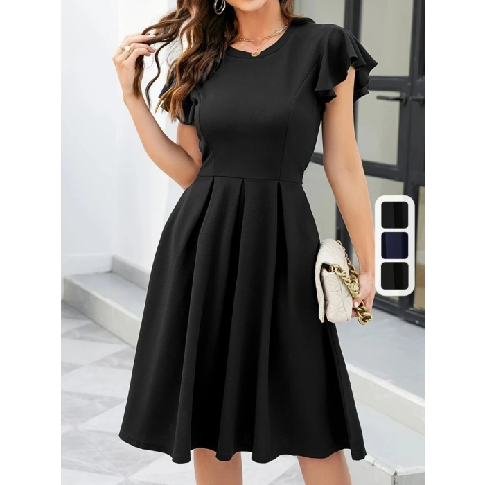 Kadın Kelebek Kollu Bisiklet Yakalı Pileli Ithal Krep Elbise