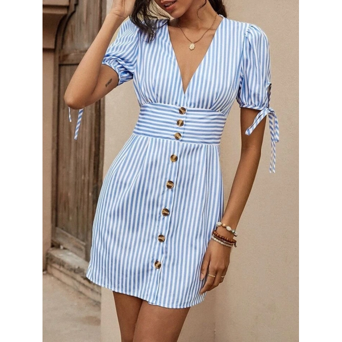 Kadın Kısa Bağcıklı Kol Kruvaze Yaka önden Düğmeli Kısa Poplin Elbise