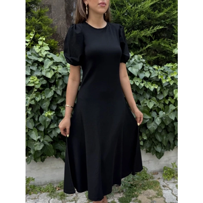 Kadın Kısa Balon Kollu Bisiklet Yaka Geniş Kesim Janjan Krep Elbise