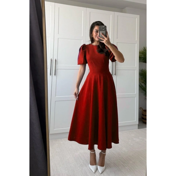 Kadın Kısa Balon Kollu Bisiklet Yaka Geniş Kesim Janjan Krep Elbise