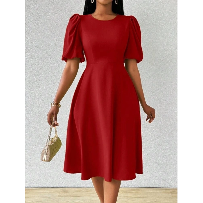 Kadın Kısa Balon Kollu Bisiklet Yaka Kiloş Janjan Krep Elbise