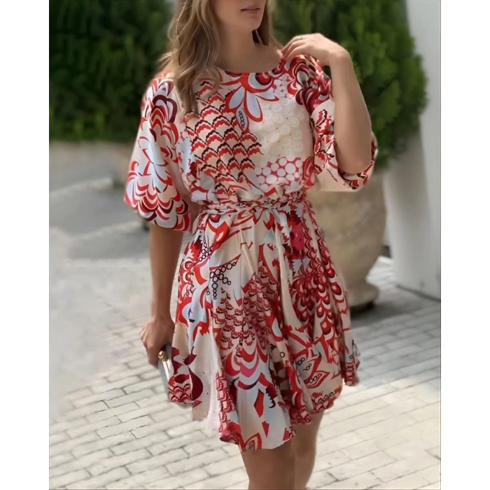 Kadın Kısa Balon Kollu Yuvarlak Yakalı Pileli Desenli Mini Elbise