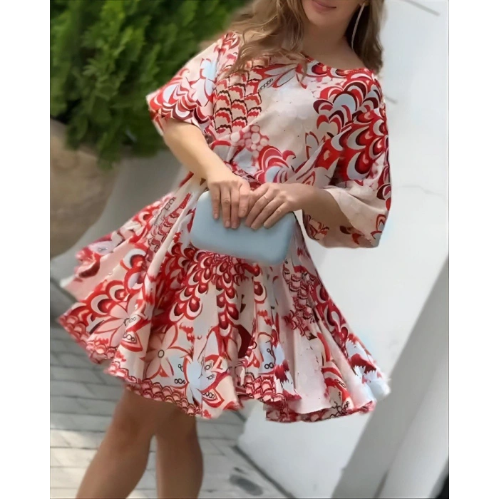 Kadın Kısa Balon Kollu Yuvarlak Yakalı Pileli Desenli Mini Elbise