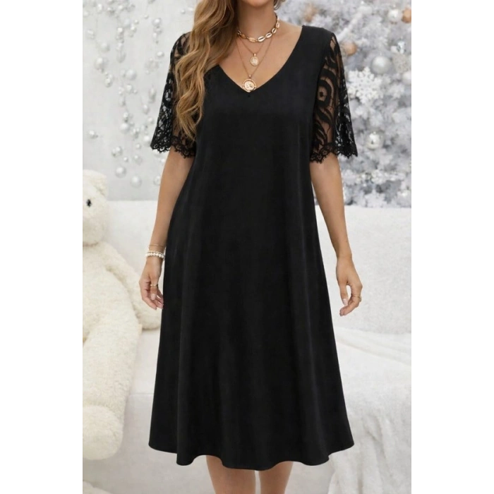 Kadın Kısa Dantel Kollu V Yakalı Midi Viskon Elbise