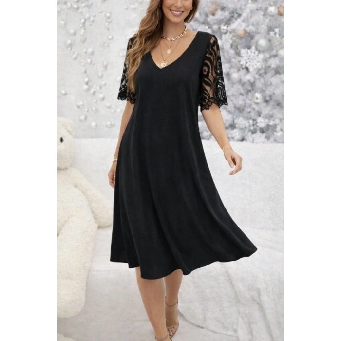 Kadın Kısa Dantel Kollu V Yakalı Midi Viskon Elbise